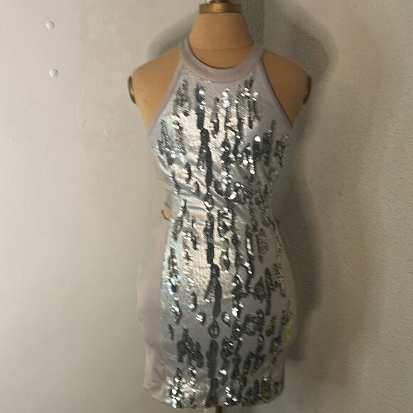 BEBE Silver Sequin Textured Halter Open Cutout Back Top Dress Cocktail FLAW - Picture 1 of 11